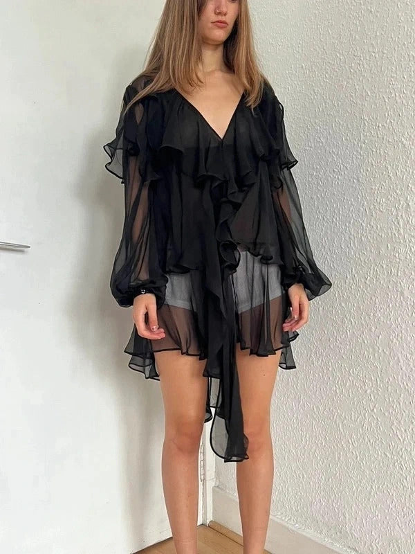 Dsquared2 Silk Chiffon Ruffle Tunic – Black – IT38 / UK6 / XS
