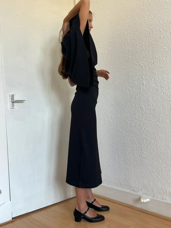 Loewe Draped Midi Dress XS Black Asymmetric Cotton Made in Portugal
