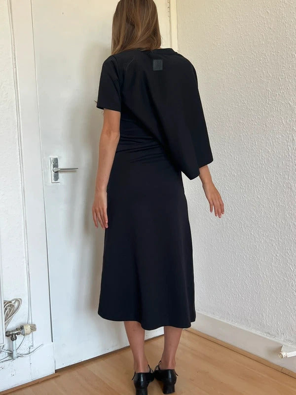 Loewe Draped Midi Dress XS Black Asymmetric Cotton Made in Portugal