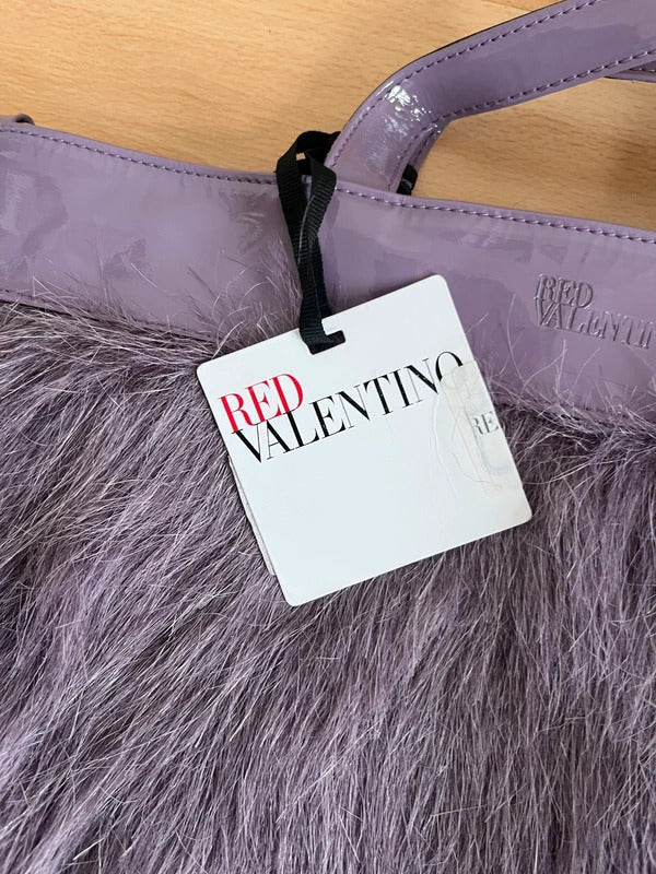 Red Valentino Faux Fur Bow Tote Bag Purple Patent Handles
