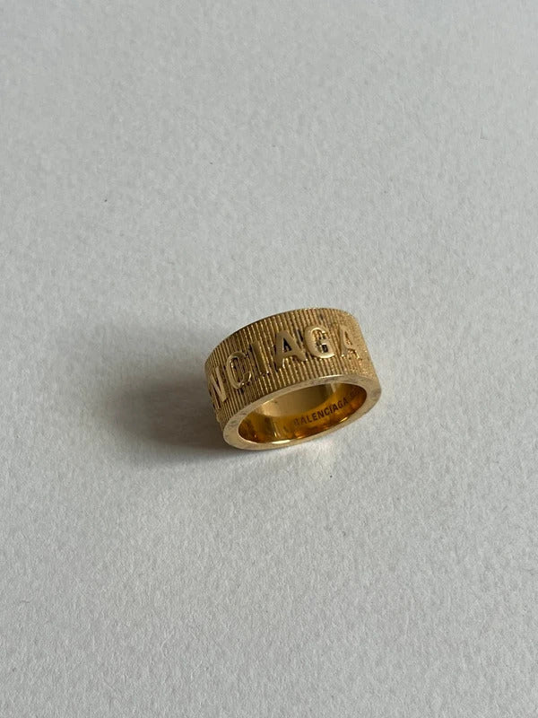 Balenciaga Logo Band Ring Size 54 UK N½ US 7 Gold Tone 925 Silver Made in Italy