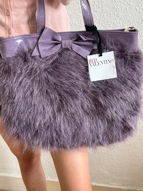 Red Valentino Faux Fur Bow Tote Bag Purple Patent Handles