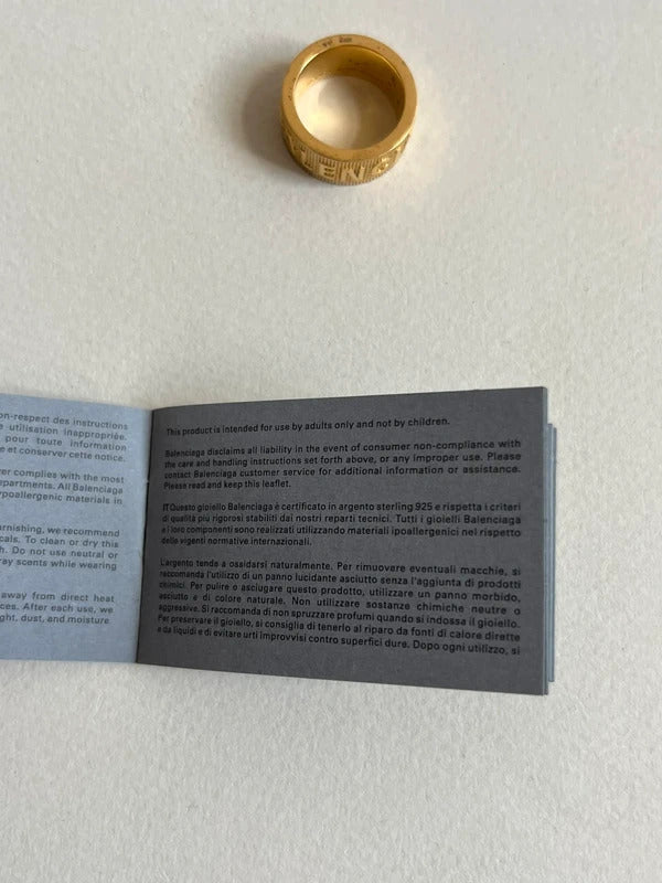 Balenciaga Logo Band Ring Size 54 UK N½ US 7 Gold Tone 925 Silver Made in Italy