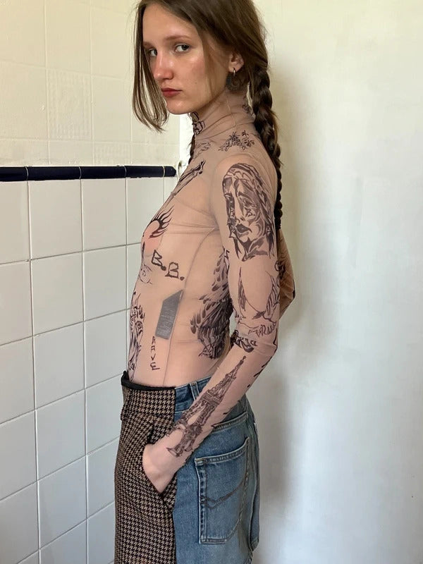 Balenciaga Tattoo Print Mesh Top Size M Nude Sheer Long Sleeve