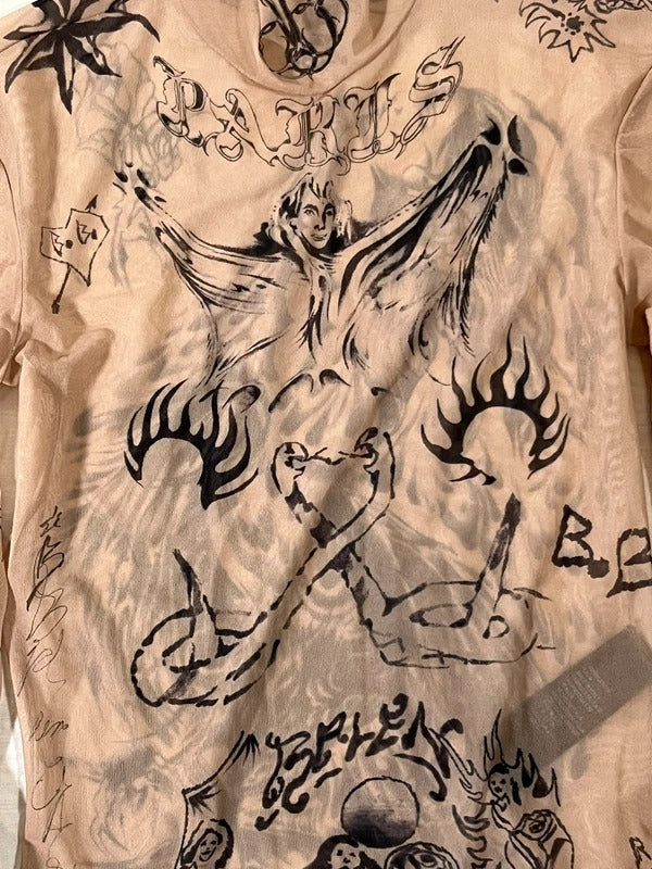 Balenciaga Tattoo Print Mesh Top Size M Nude Sheer Long Sleeve