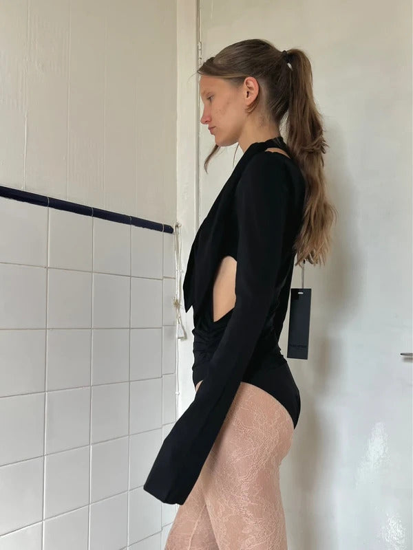 Petar Petrov Crepe Bodysuit FR36 US4 UK8 S Black Silk Cut-Out Tie Neck