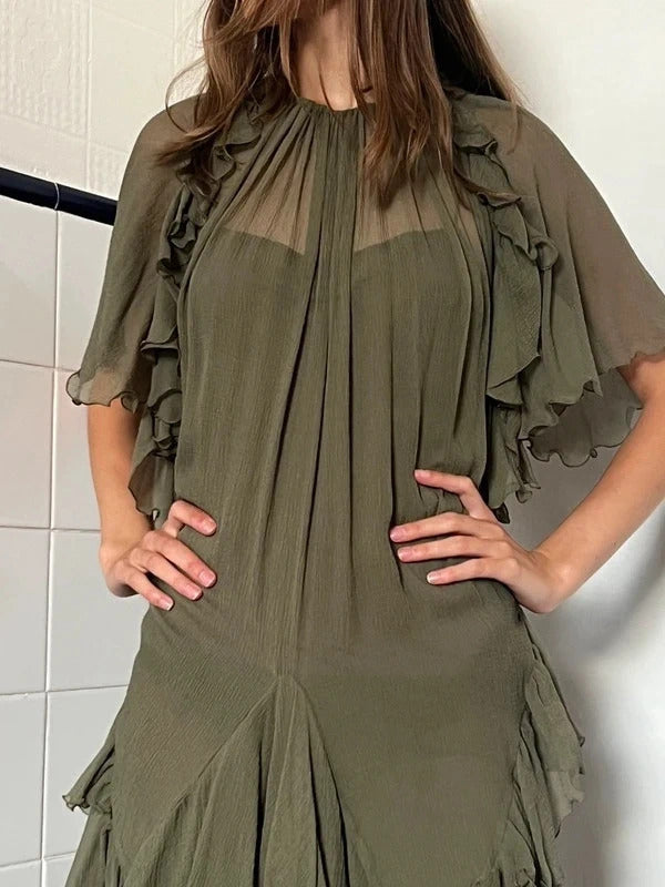 Dsquared2 Silk Mini Dress Olive Green Ruffle IT38 UK6 XS