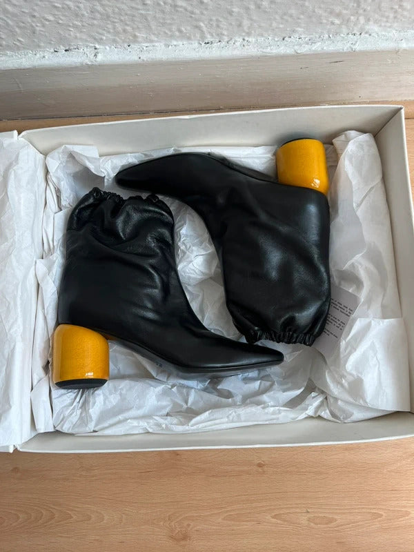 Jil Sander Leather Ankle Boots EU40 UK7 Black Yellow Heel Made in Italy