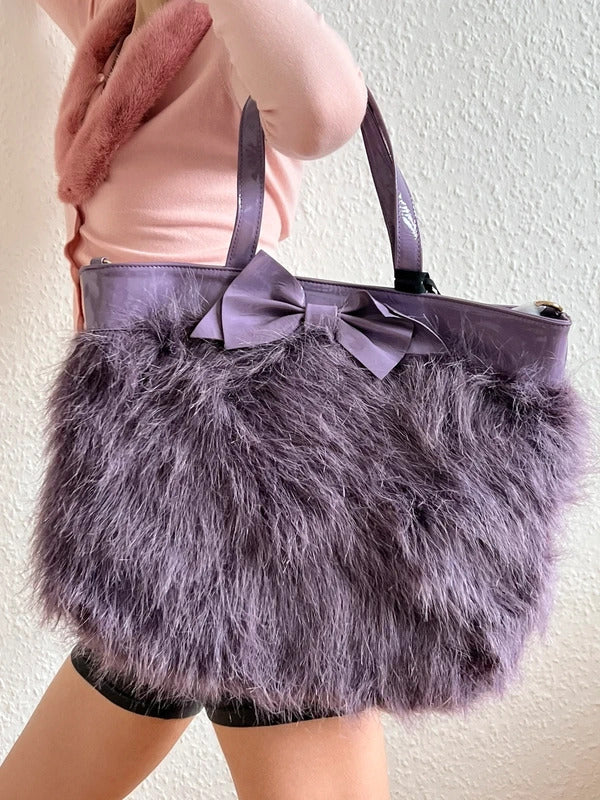 Red Valentino Faux Fur Bow Tote Bag Purple Patent Handles