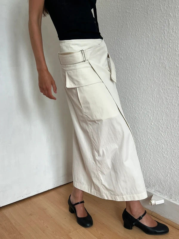 Helmut Lang Ivory Belted Wrap Midi Skirt XS US2 UK6 IT38 Cotton Twill NWT