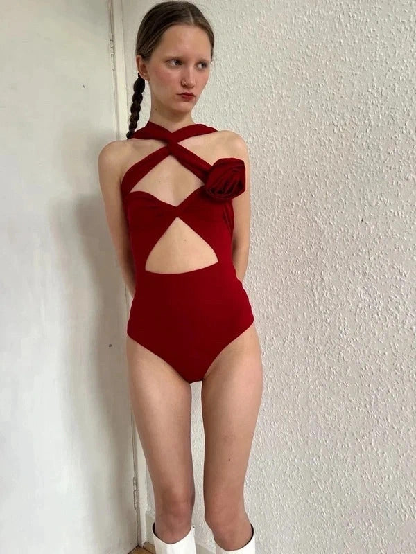 Magda Butrym Red Cut-Out Bodysuit Rose Detail FR38 / UK10