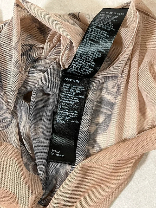 Balenciaga Tattoo Print Mesh Top Size M Nude Sheer Long Sleeve