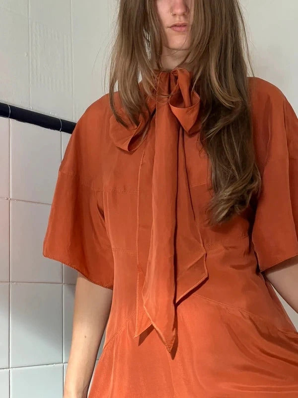 Dsquared2 Silk Blend Midi Dress Orange Tie Neck IT40 UK8