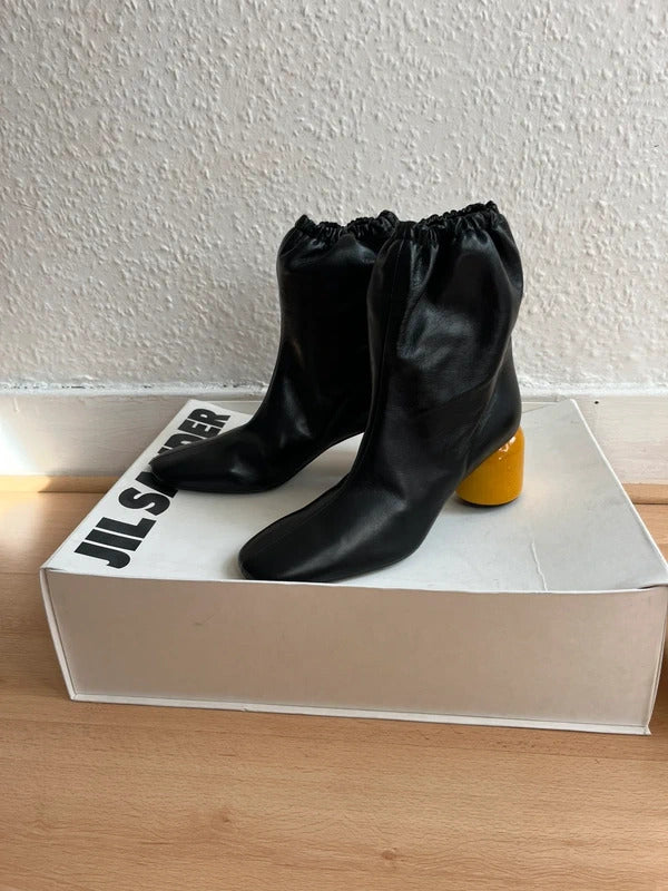 Jil Sander Leather Ankle Boots EU40 UK7 Black Yellow Heel Made in Italy