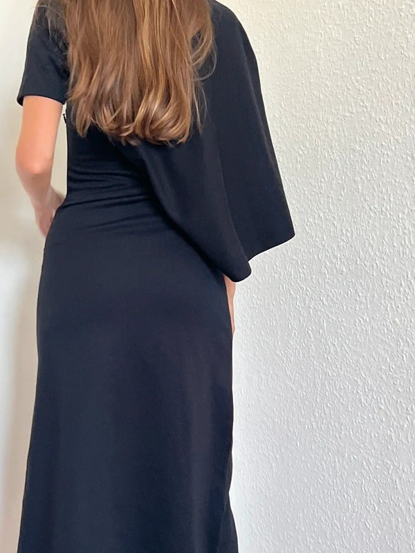 Loewe Draped Midi Dress XS Black Asymmetric Cotton Made in Portugal