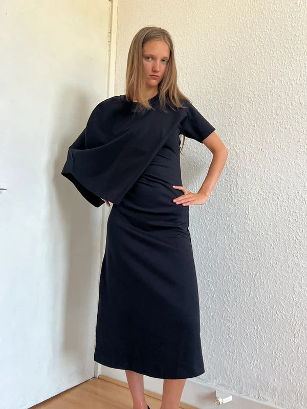 Loewe Draped Midi Dress XS Black Asymmetric Cotton Made in Portugal