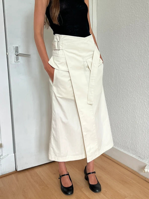 Helmut Lang Ivory Belted Wrap Midi Skirt XS US2 UK6 IT38 Cotton Twill NWT