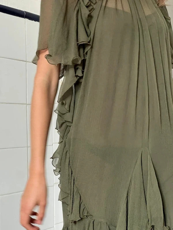 Dsquared2 Silk Mini Dress Olive Green Ruffle IT38 UK6 XS