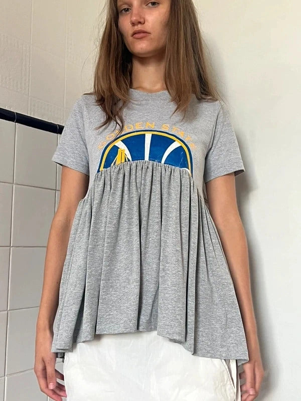 Conner Ives Reconstructed T-Shirt Top Grey Gathered XS