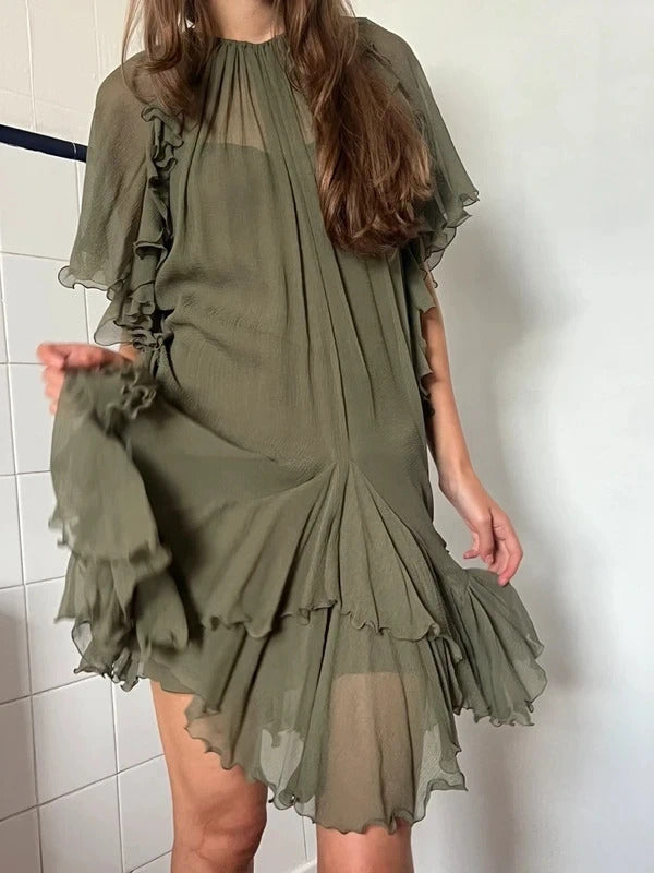 Dsquared2 Silk Mini Dress Olive Green Ruffle IT38 UK6 XS