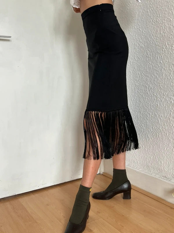 Burberry Mohair Wool Midi Skirt UK2 IT36 XXS–XS Black Fringe