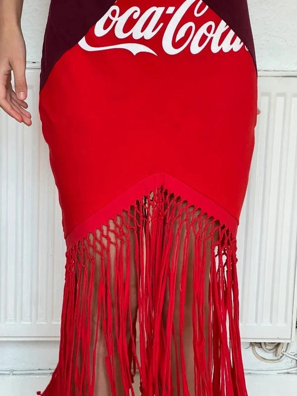Conner Ives Hudson River School Jersey Midi Dress – Red – Size M – Fringe