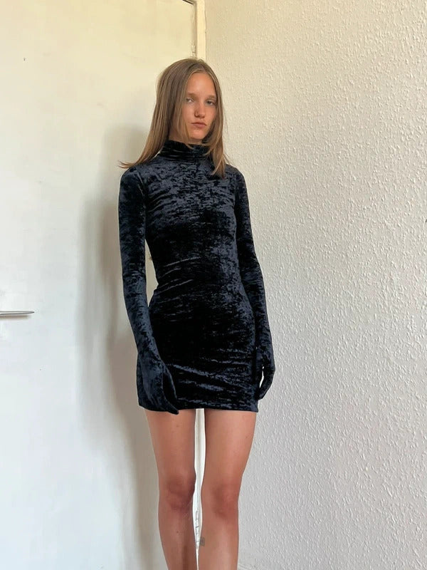 Vetements Velour Mini Dress with Glove Sleeves – Black – XXS