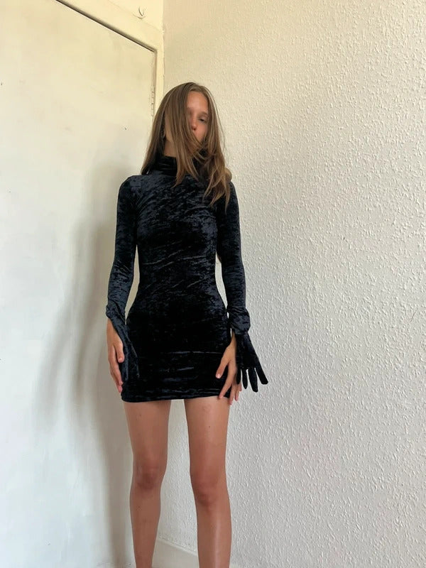 Vetements Velour Mini Dress with Glove Sleeves – Black – XXS