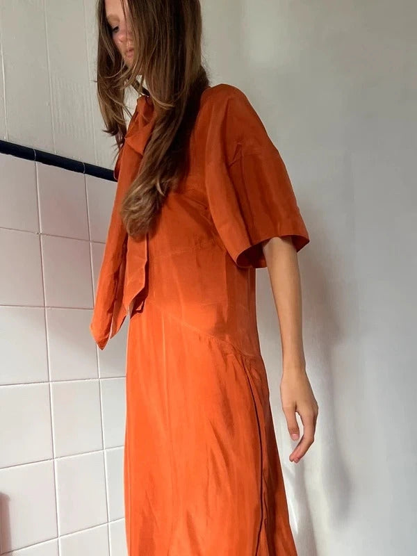 Dsquared2 Silk Blend Midi Dress Orange Tie Neck IT40 UK8