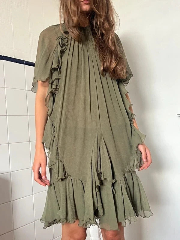 Dsquared2 Silk Mini Dress Olive Green Ruffle IT38 UK6 XS
