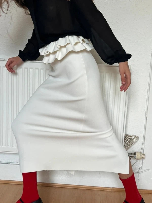 Alexander McQueen Knitted Midi Skirt – White – Size S – Ruffled Waist – Made in Italy