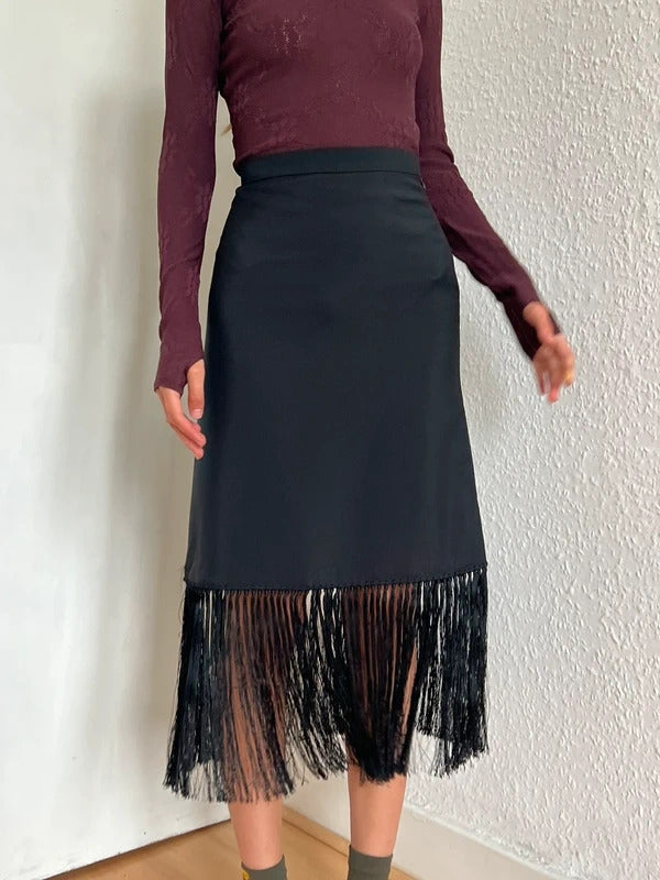 Burberry Mohair Wool Midi Skirt UK2 IT36 XXS–XS Black Fringe