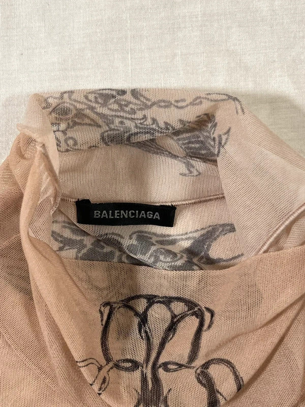 Balenciaga Tattoo Print Mesh Top Size M Nude Sheer Long Sleeve