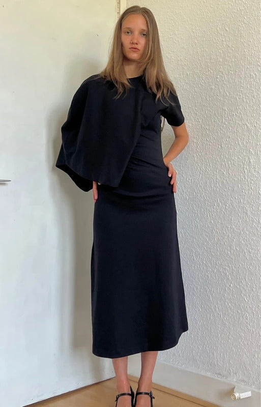 Loewe Draped Midi Dress XS Black Asymmetric Cotton Made in Portugal