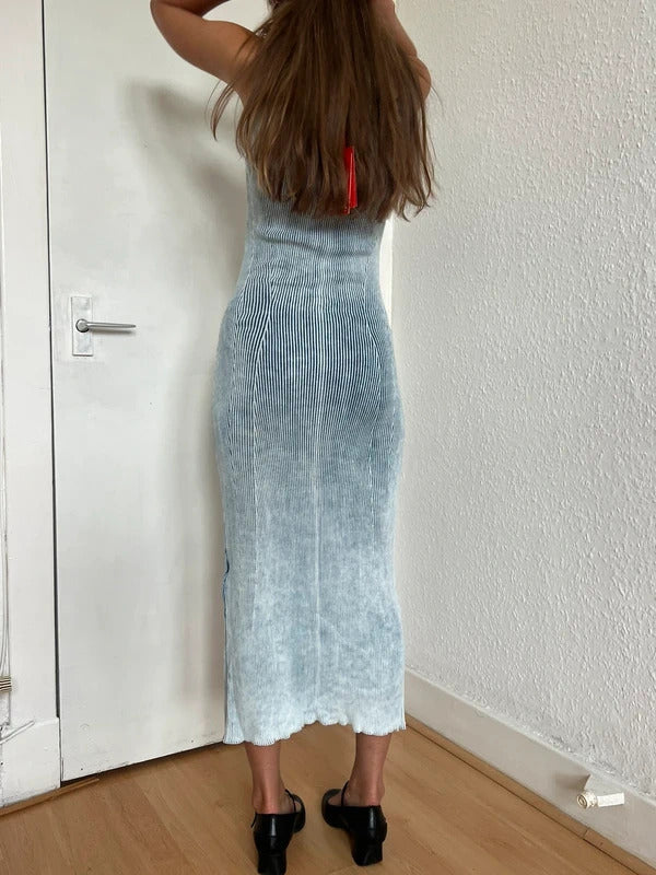 Diesel Blue Rib Knit Cut Out Midi Dress M Made in Italy Y2K RRP €495