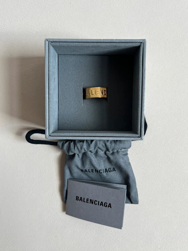 Balenciaga Logo Band Ring Size 54 UK N½ US 7 Gold Tone 925 Silver Made in Italy