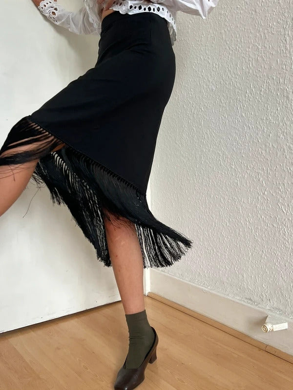 Burberry Mohair Wool Midi Skirt UK2 IT36 XXS–XS Black Fringe