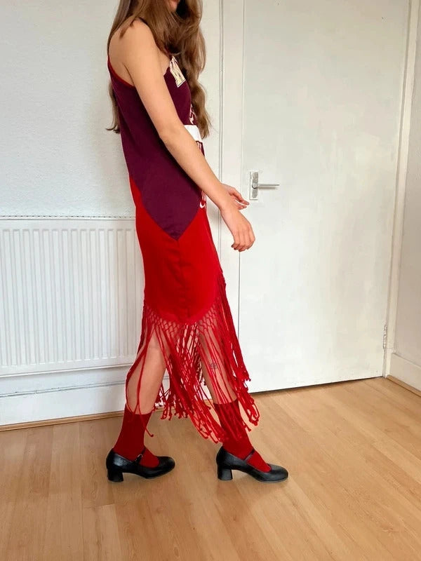 Conner Ives Hudson River School Jersey Midi Dress – Red – Size M – Fringe