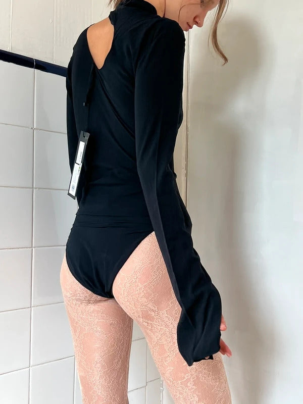Petar Petrov Crepe Bodysuit FR36 US4 UK8 S Black Silk Cut-Out Tie Neck