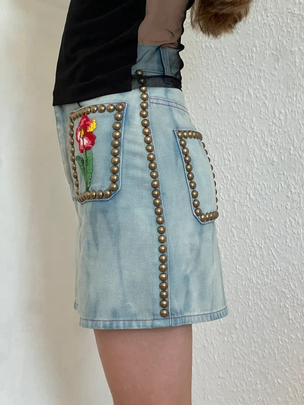 Gucci Floral Embroidered Studded Denim Mini Skirt IT36 UK4 NWT Alessandro Michele