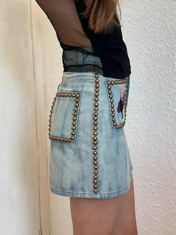 Gucci Floral Embroidered Studded Denim Mini Skirt IT36 UK4 NWT Alessandro Michele