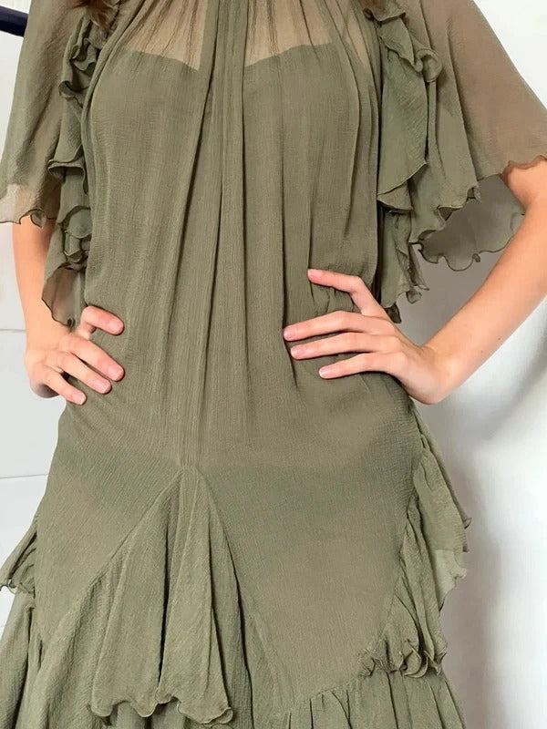 Dsquared2 Silk Mini Dress Olive Green Ruffle IT38 UK6 XS