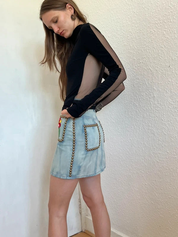 Gucci Floral Embroidered Studded Denim Mini Skirt IT36 UK4 NWT Alessandro Michele