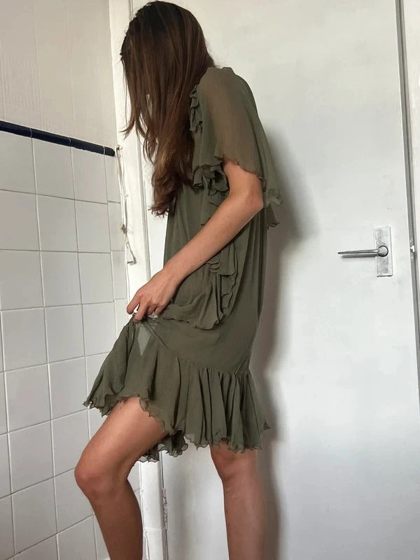 Dsquared2 Silk Mini Dress Olive Green Ruffle IT38 UK6 XS