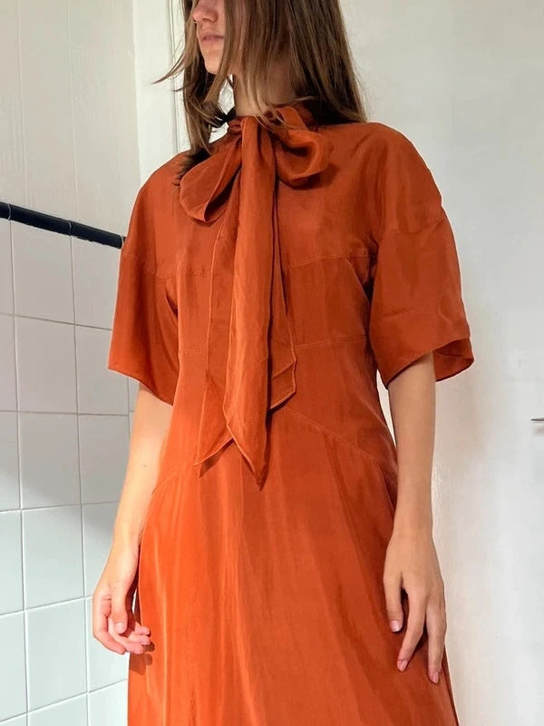 Dsquared2 Silk Blend Midi Dress Orange Tie Neck IT40 UK8